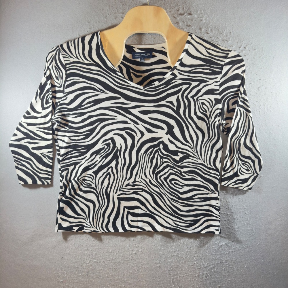 1386 | Jones New York Zebra Print V-Neck Cotton 3/4 Sleeve Top Black White 1X